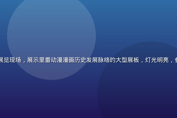 日本动漫文化展览现场，展示里番动漫漫画历史发展脉络的大型展板，灯光明亮，参观者驻足观看