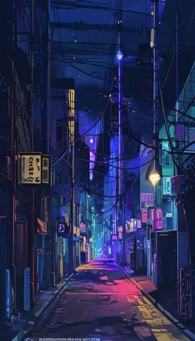 日本动漫风格插画场景，夜晚霓虹街道，赛博朋克氛围，冷暖色对比强烈